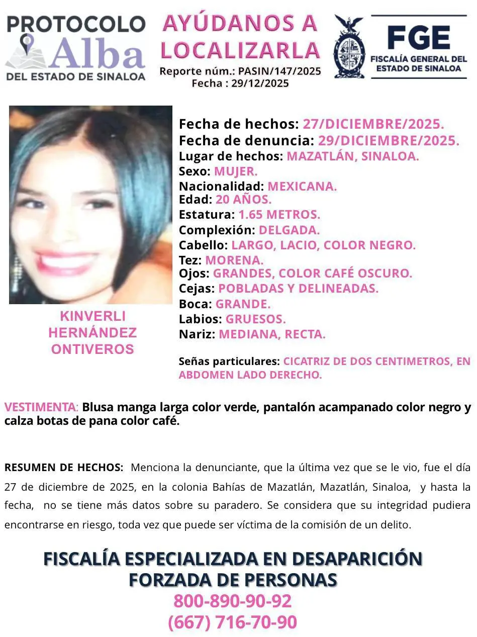 $!Activan Protocolo Alba por desaparición de Kinverli en Mazatlán