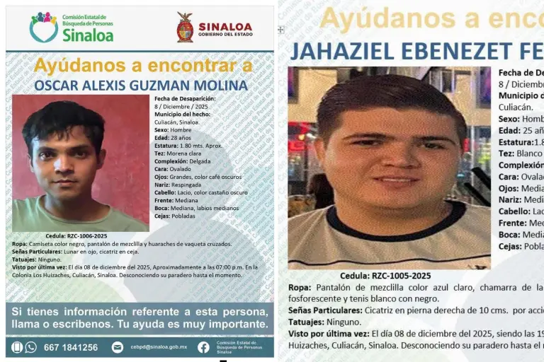 Buscan a Oscar y Jahaziel, desaparecidos el 8 de diciembre en Culiacán