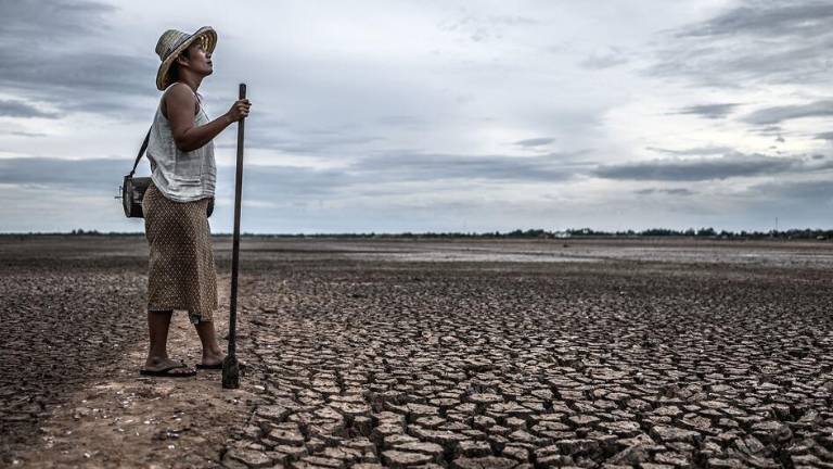 na mujer permanece de pie, sosteniendo un palo, en un vasto campo de tierra agrietada y seca.