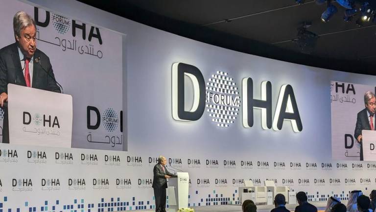 El Secretario General, António Guterres, pronuncia un discurso en la ceremonia de apertura del Foro de Doha 2023, en Qatar, bajo el lema “Construir futuros compartidos”.