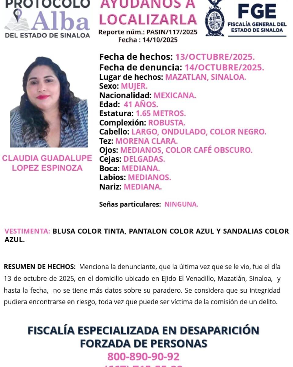 $!Desaparece Claudia Guadalupe López Espinoza, en El Venadillo, en Mazatlán
