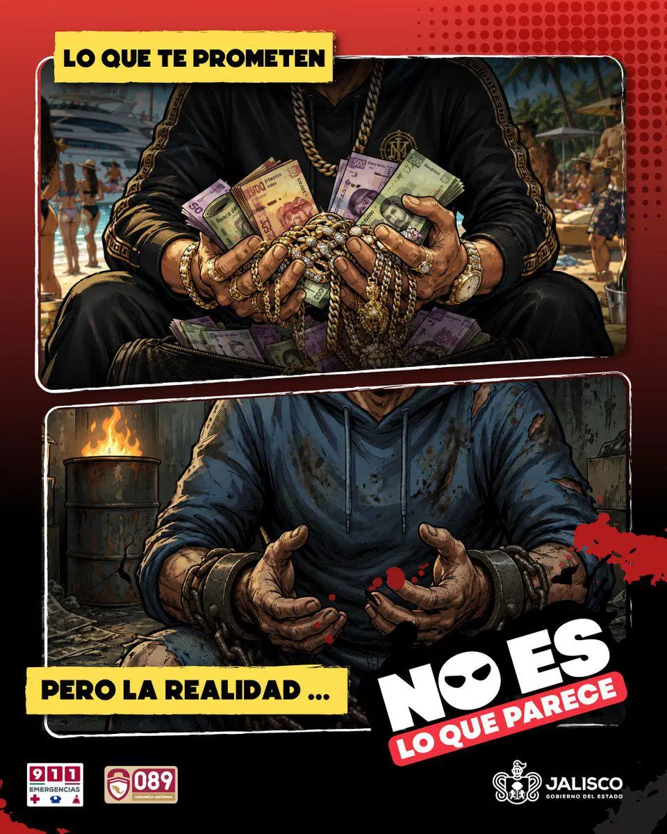 $!Cartel publicado por la Comisión de Búsqueda de Personas de Jalisco que advierte sobre el reclutamiento forzado.