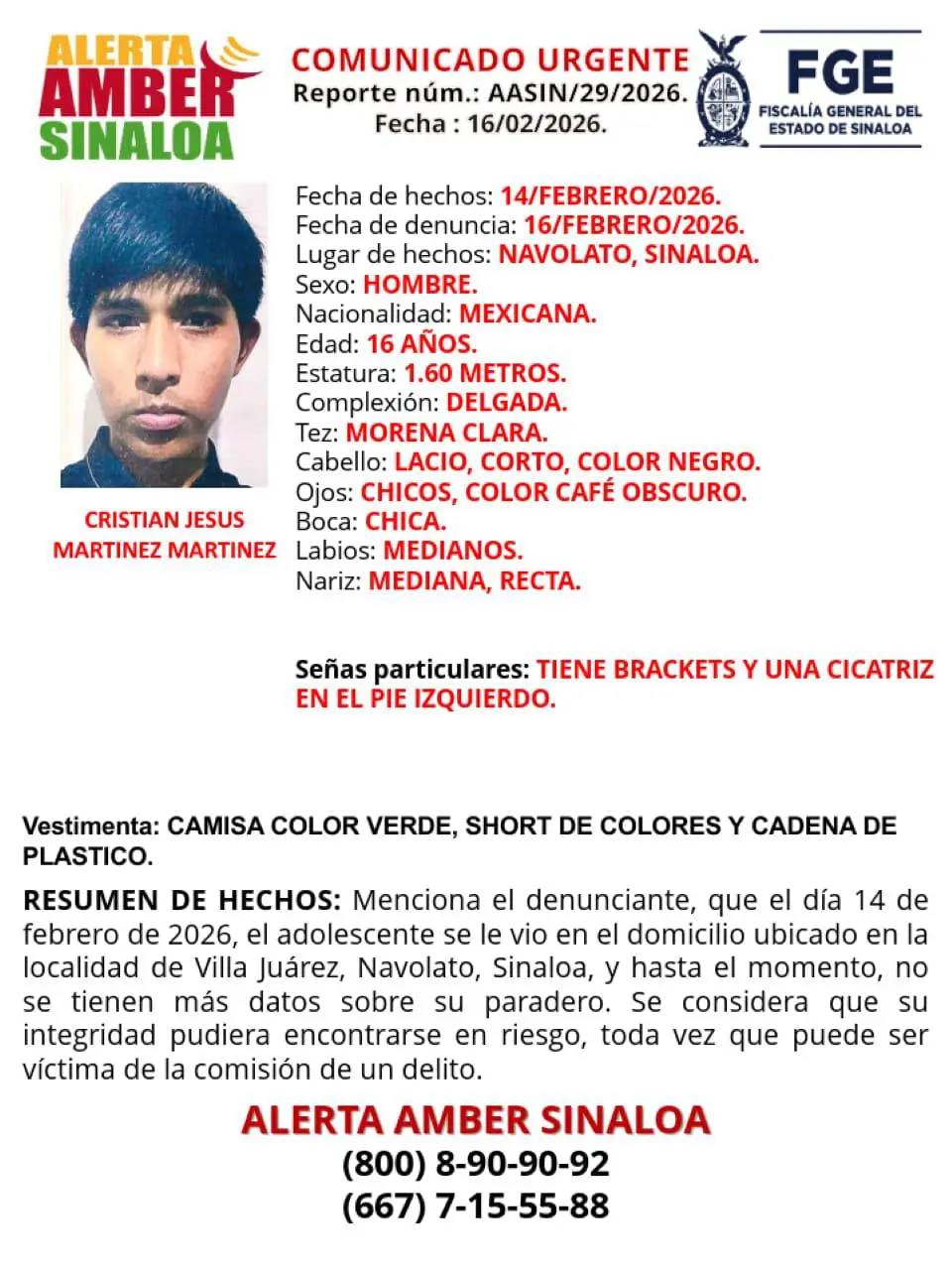 $!Buscan a Cristian Jesús en Navolato; desapareció el 14 de febrero