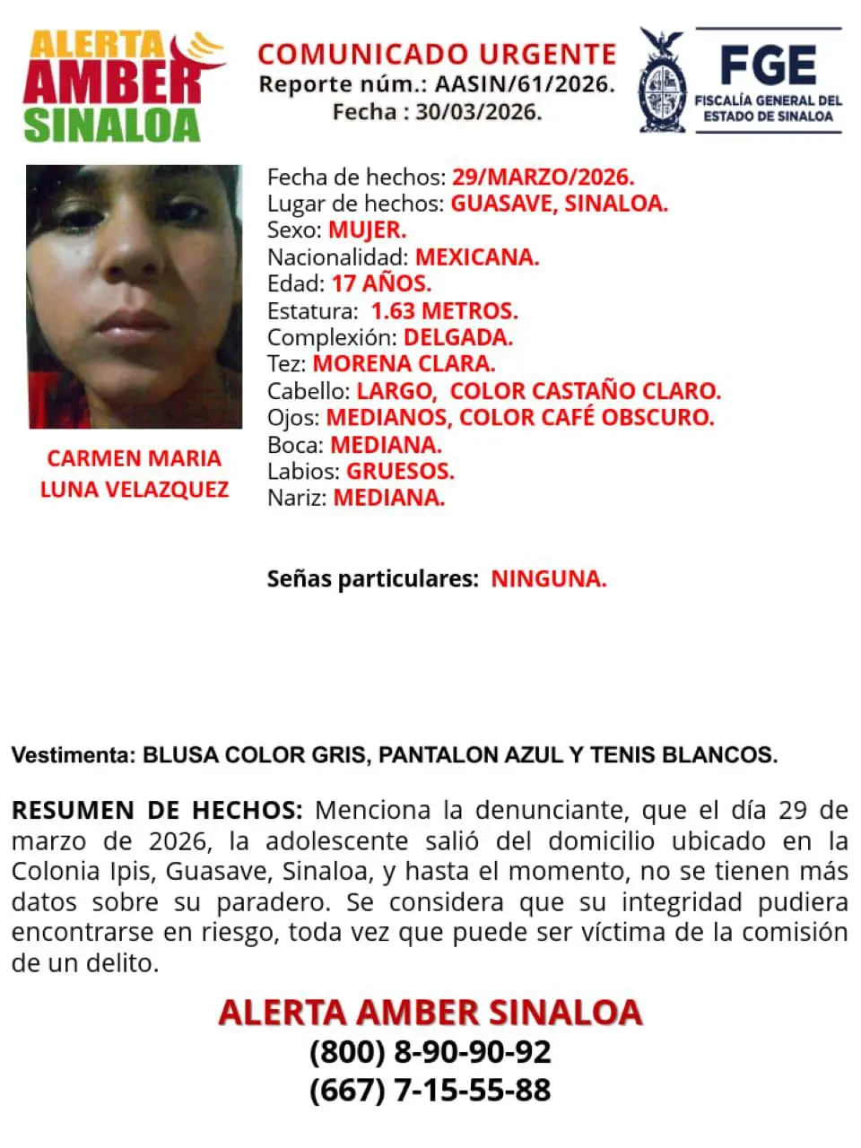 $!Activan Alerta Amber por la desaparición de Carmen María en Guasave