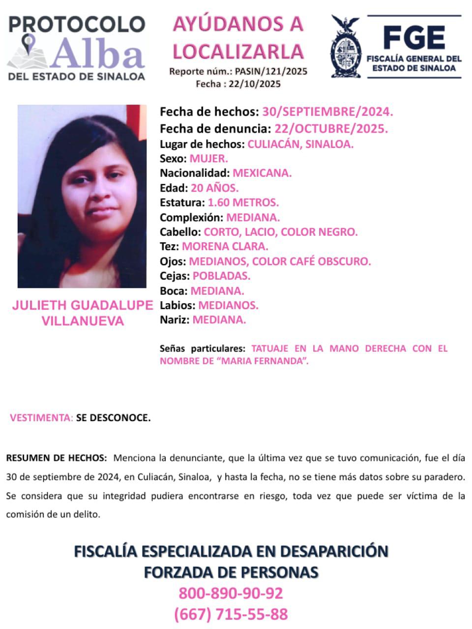 $!Julieth Guadalupe desapareció desde hace más de un año en Culiacán