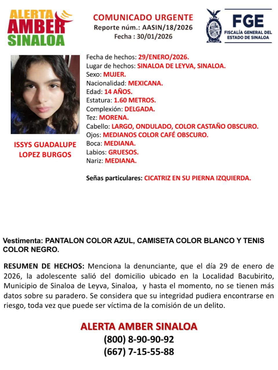 $!Activan Alerta Amber por Issys Guadalupe, desaparecida en Sinaloa de Leyva