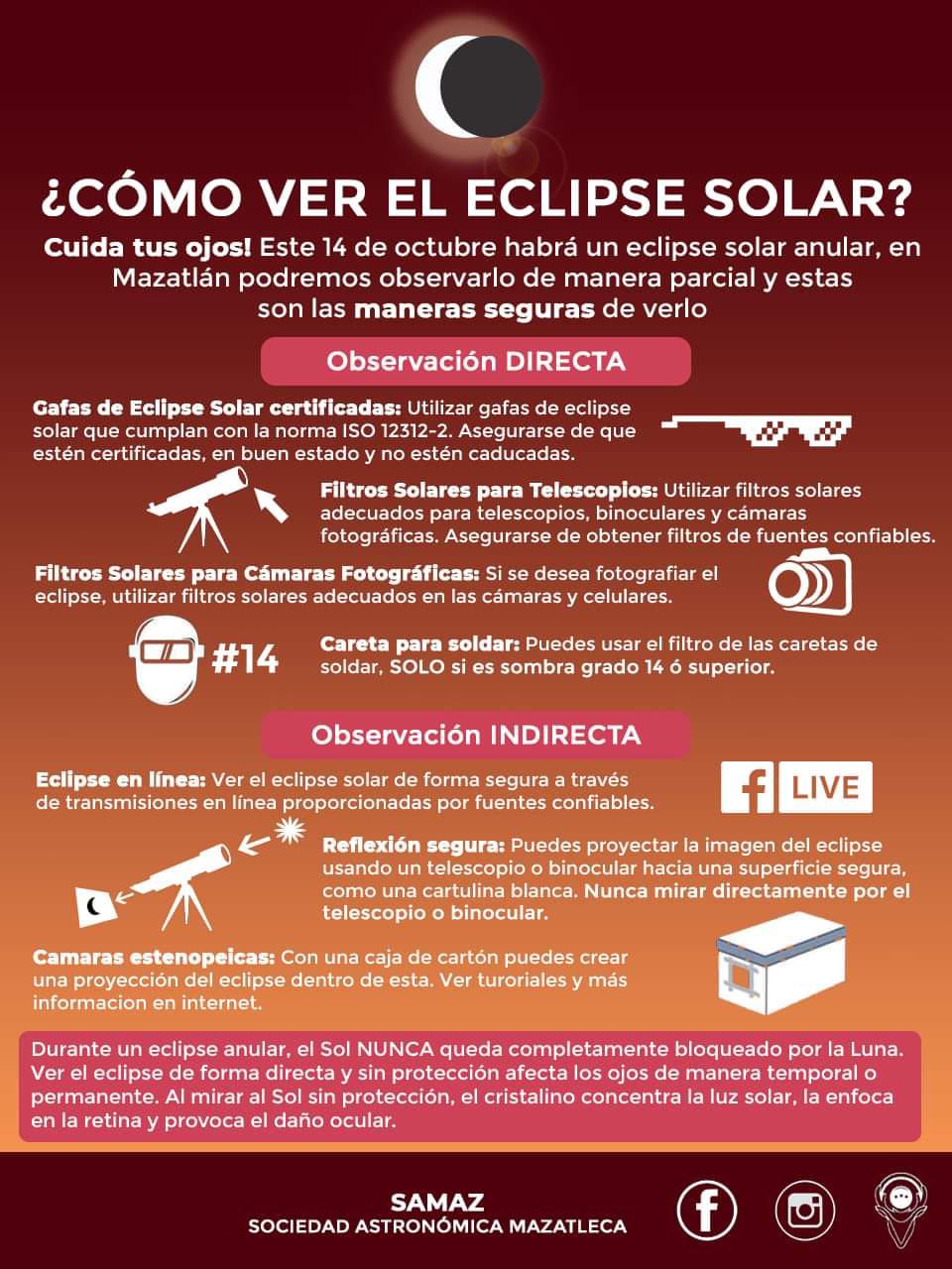 $!Ofrece Samaz guía de observación segura para el eclipse anular del 14 de octubre