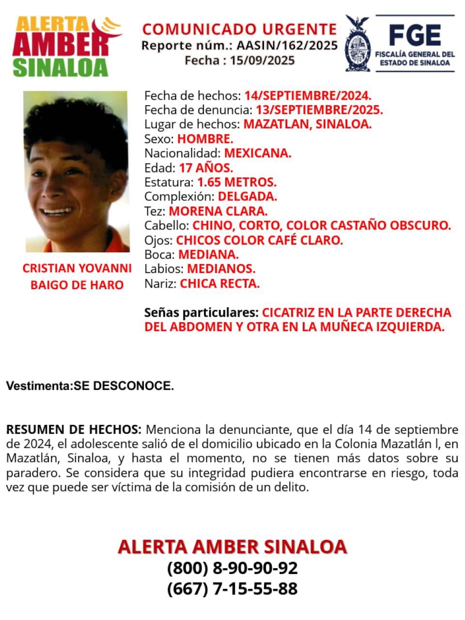$!En Mazatlán buscan a Cristian Yovanni, de 17 años