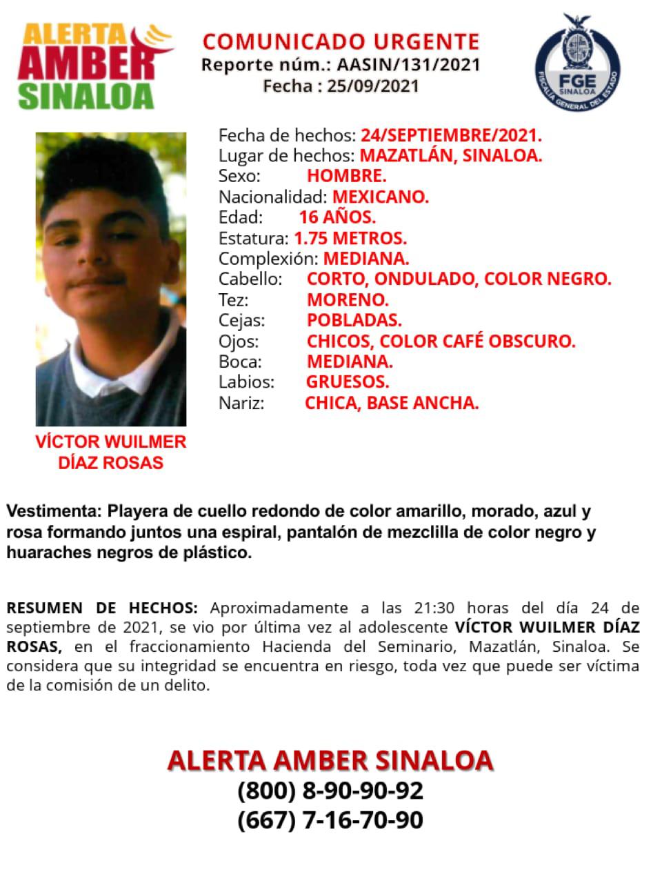 $!Buscan a Víctor Wuilmer, adolescente desaparecido desde el viernes en Mazatlán