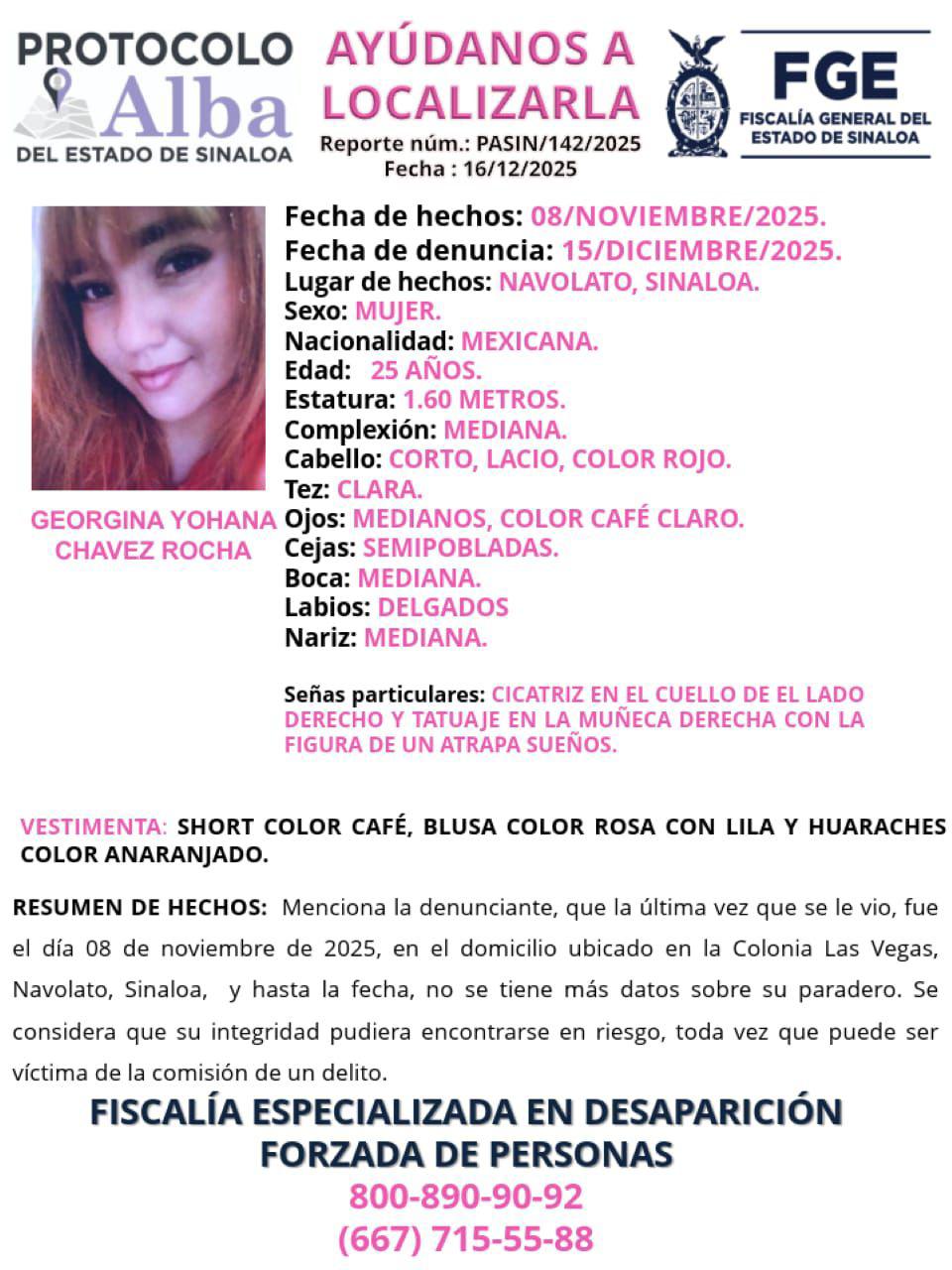 $!Reportan desaparición de Georgina Yohana en Navolato; lleva 38 días sin ser localizada