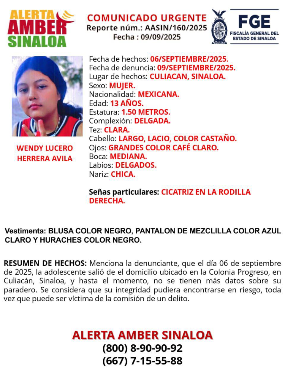 $!Wendy Lucero, de 13 años, desapareció en Culiacán desde el 6 de septiembre