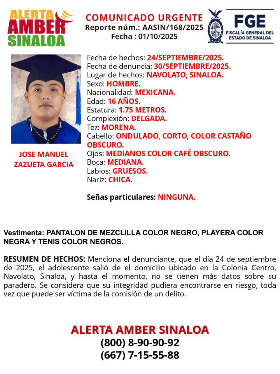 $!Buscan a José Manuel, de 16 años, desaparecido en Navolato