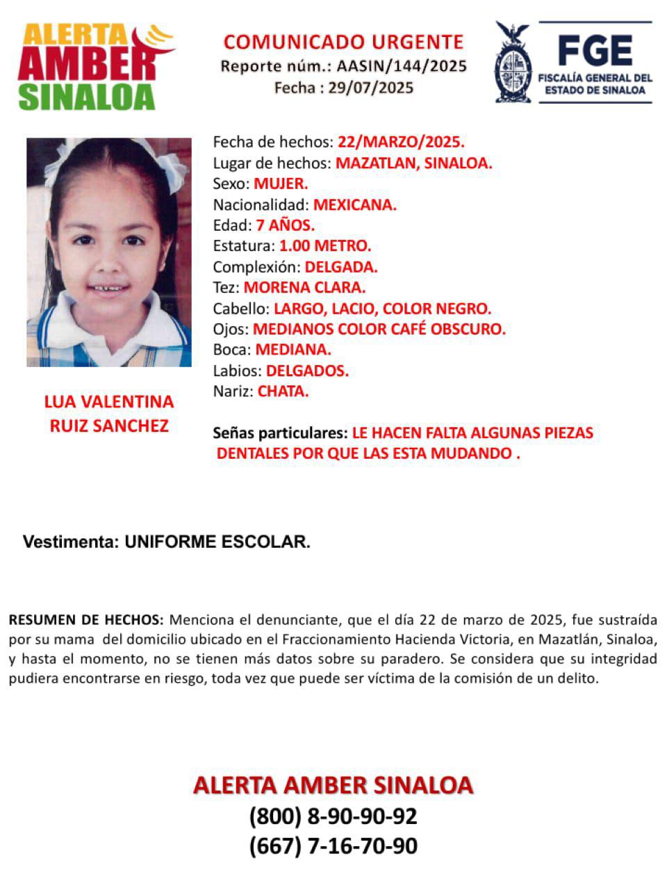 $!Activan Alerta Amber por la desaparición Lua Valentina en Mazatlán