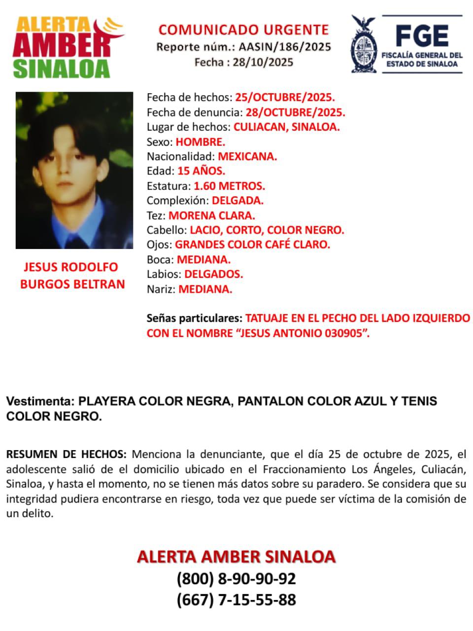 $!Buscan a Jesús Rodolfo, de 15 años, desaparecido en Culiacán desde el sábado 25 de octubre
