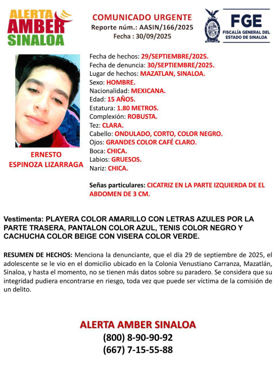 $!En Mazatlán buscan a Ernesto, de 15 años, desapareció el 29 de septiembre