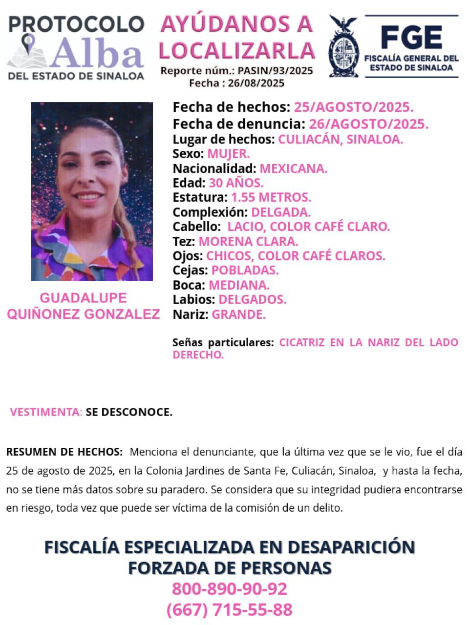 $!Buscan a Guadalupe, desaparecida en Santa Fe, en Culiacán