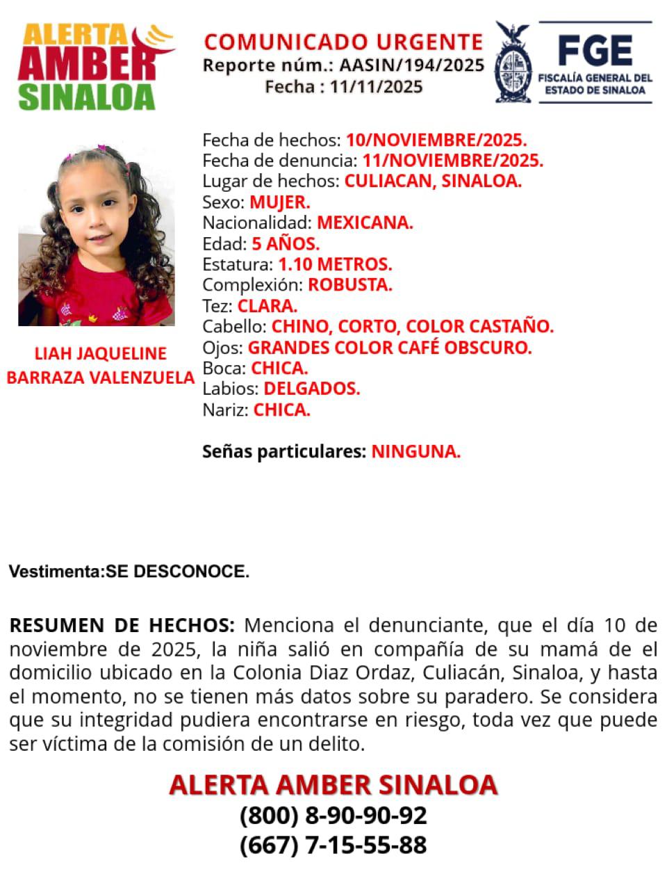 $!Buscan a Liah Jaqueline, de 5 años, desaparecida en Culiacán