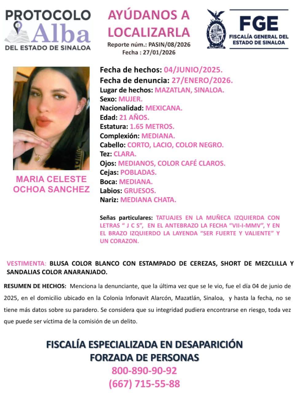 $!Emiten ficha de búsqueda por María Celeste, desaparecida hace 7 meses en Mazatlán