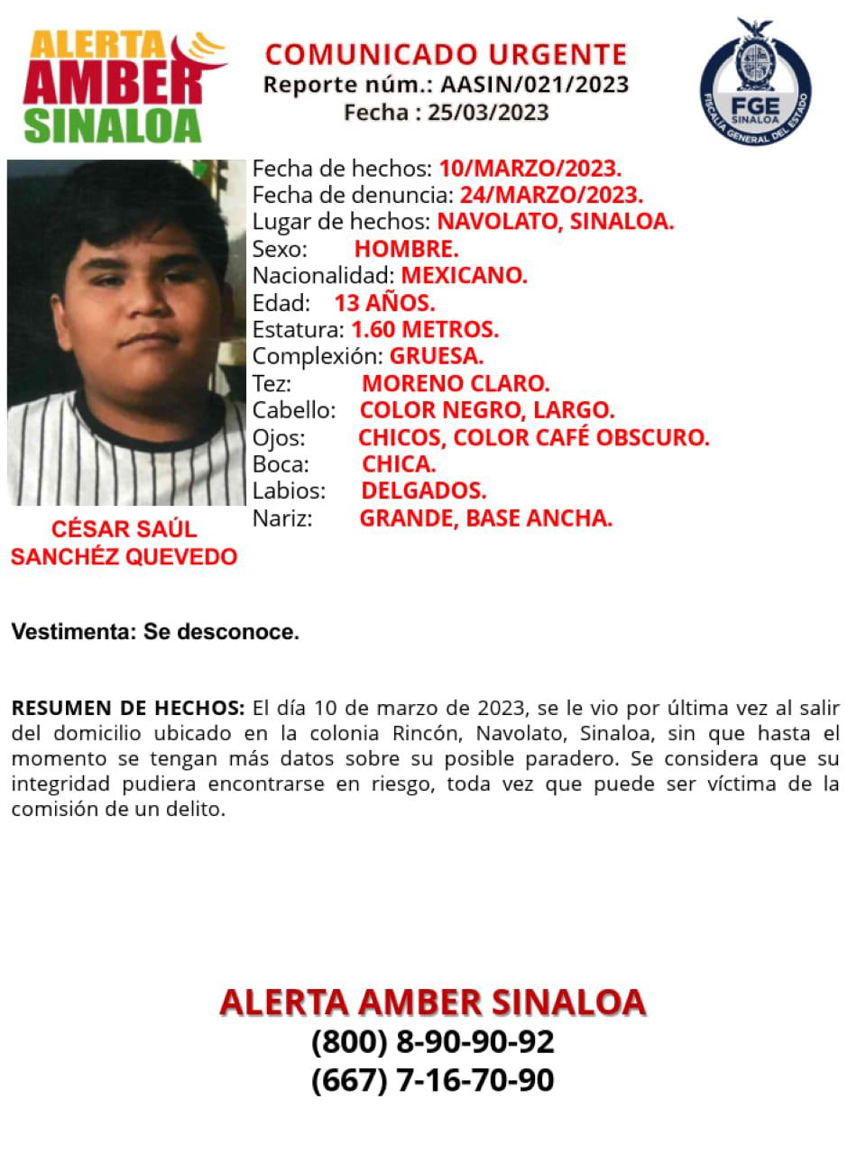 $!Desaparece César Saúl en Navolato; tiene 13 años