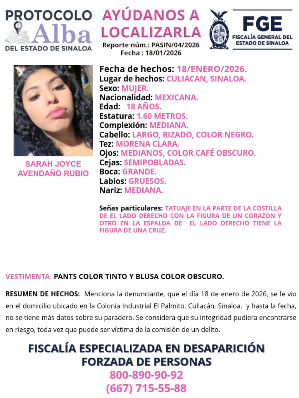 $!Activan Protocolo Alba para localizar a Sarah Joyce, privada de la libertad en la Industrial El Palmito, Culiacán