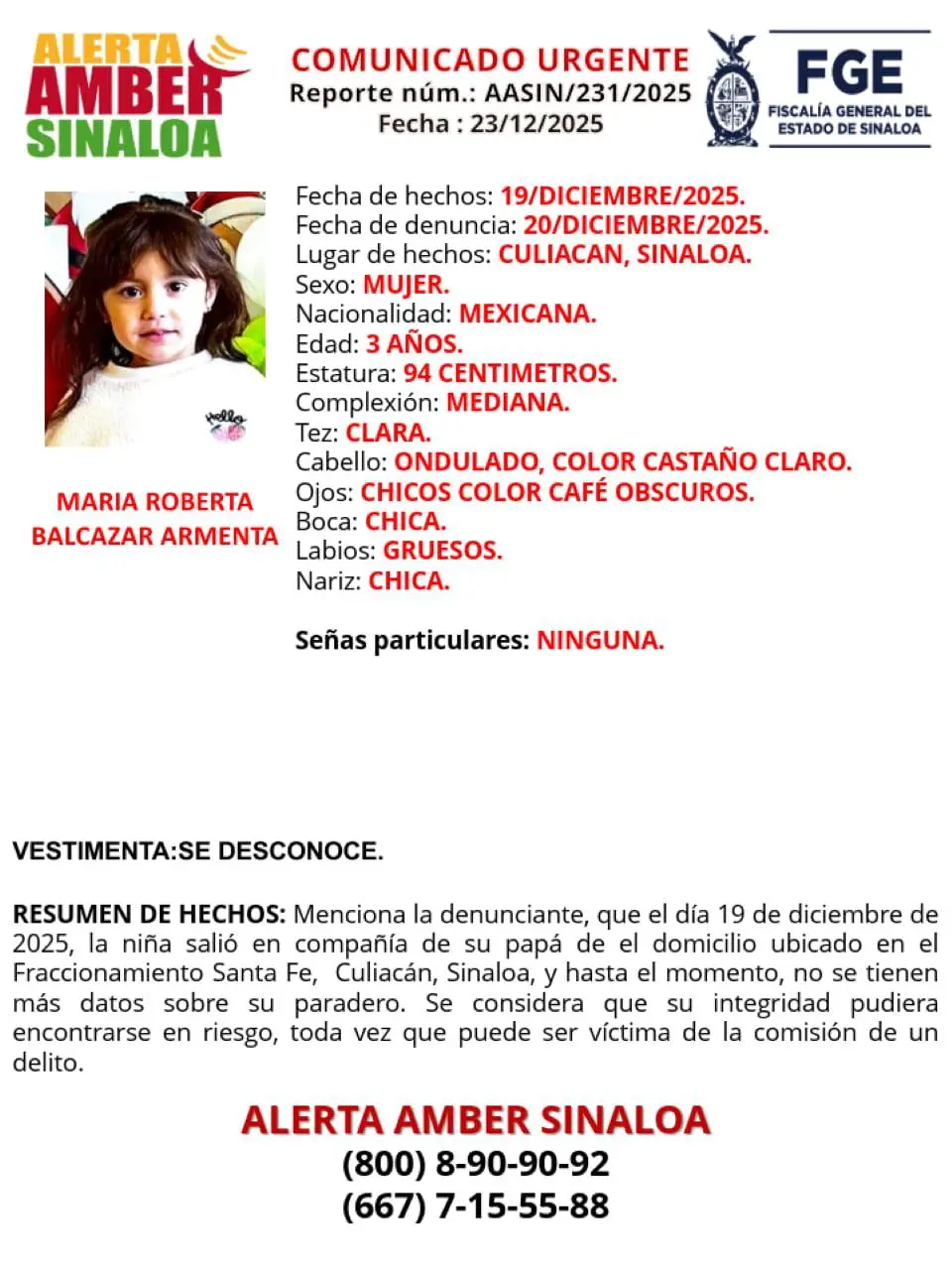 $!Emiten Alerta Amber por la desaparición de dos niñas en Culiacán; se encontraban con su padre