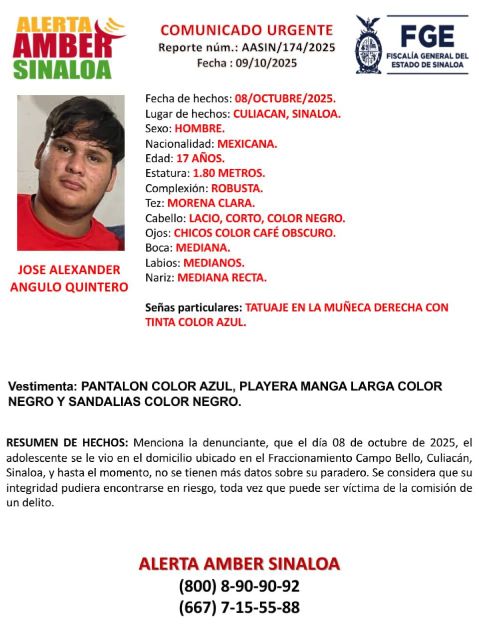 $!Activan Alerta Amber por desaparición de joven en Culiacán