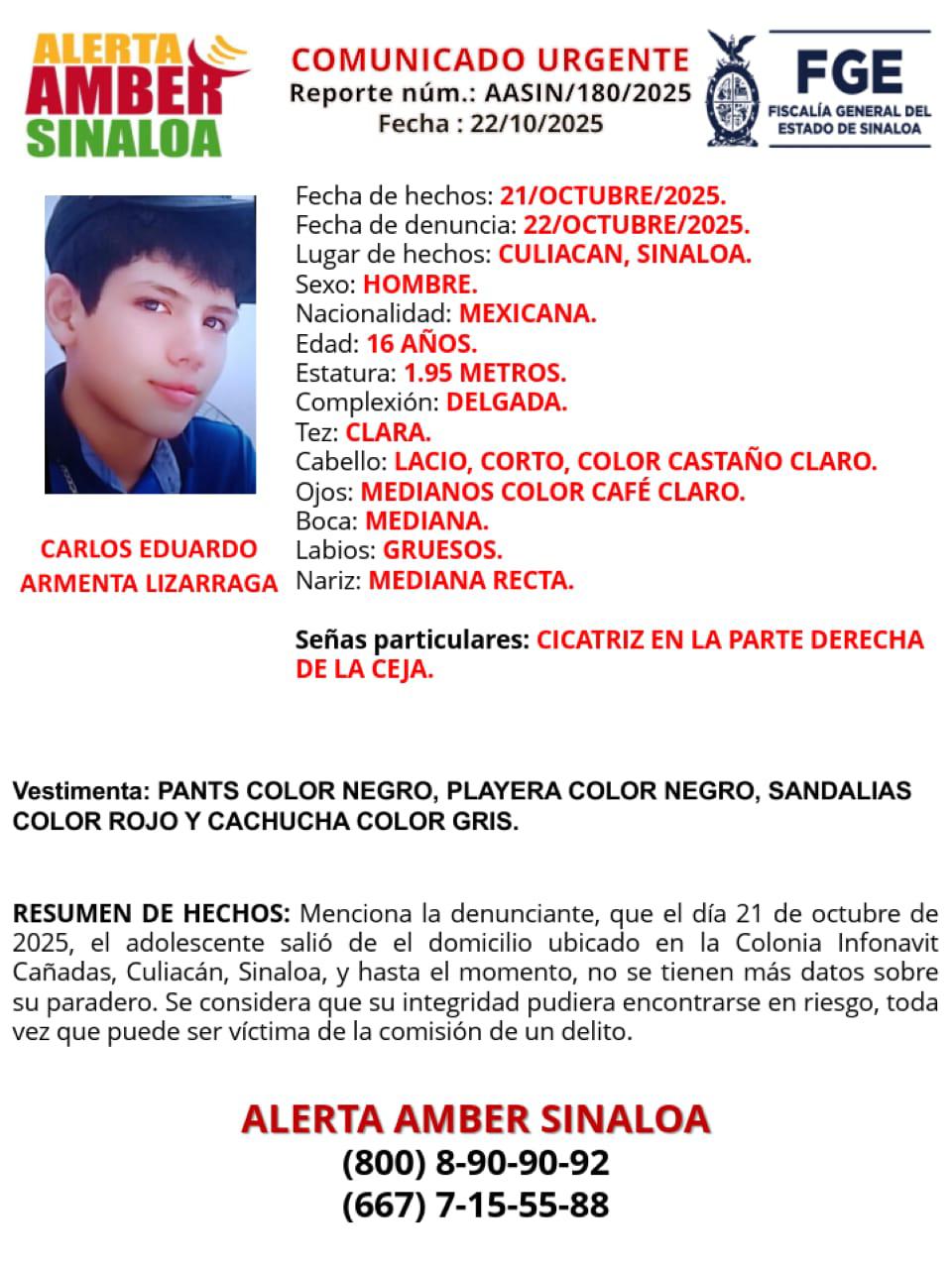 $!En Culiacán buscan a Carlos Eduardo, de 16 años, desaparecido desde el 21 de octubre