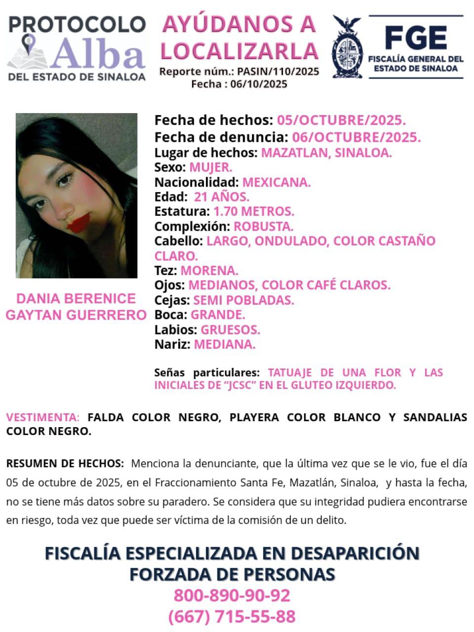 $!Desaparece Dania Berenice Gaytán Guerrero, de 21 años, en Santa Fe, en Mazatlán