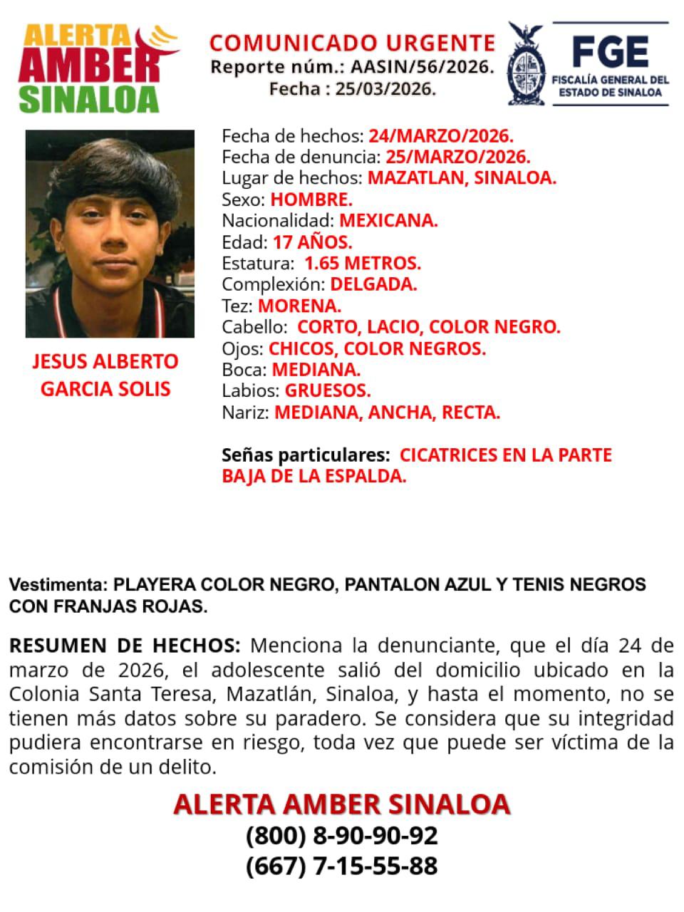 $!Buscan a Jesús Alberto, adolescente desaparecido en Mazatlán