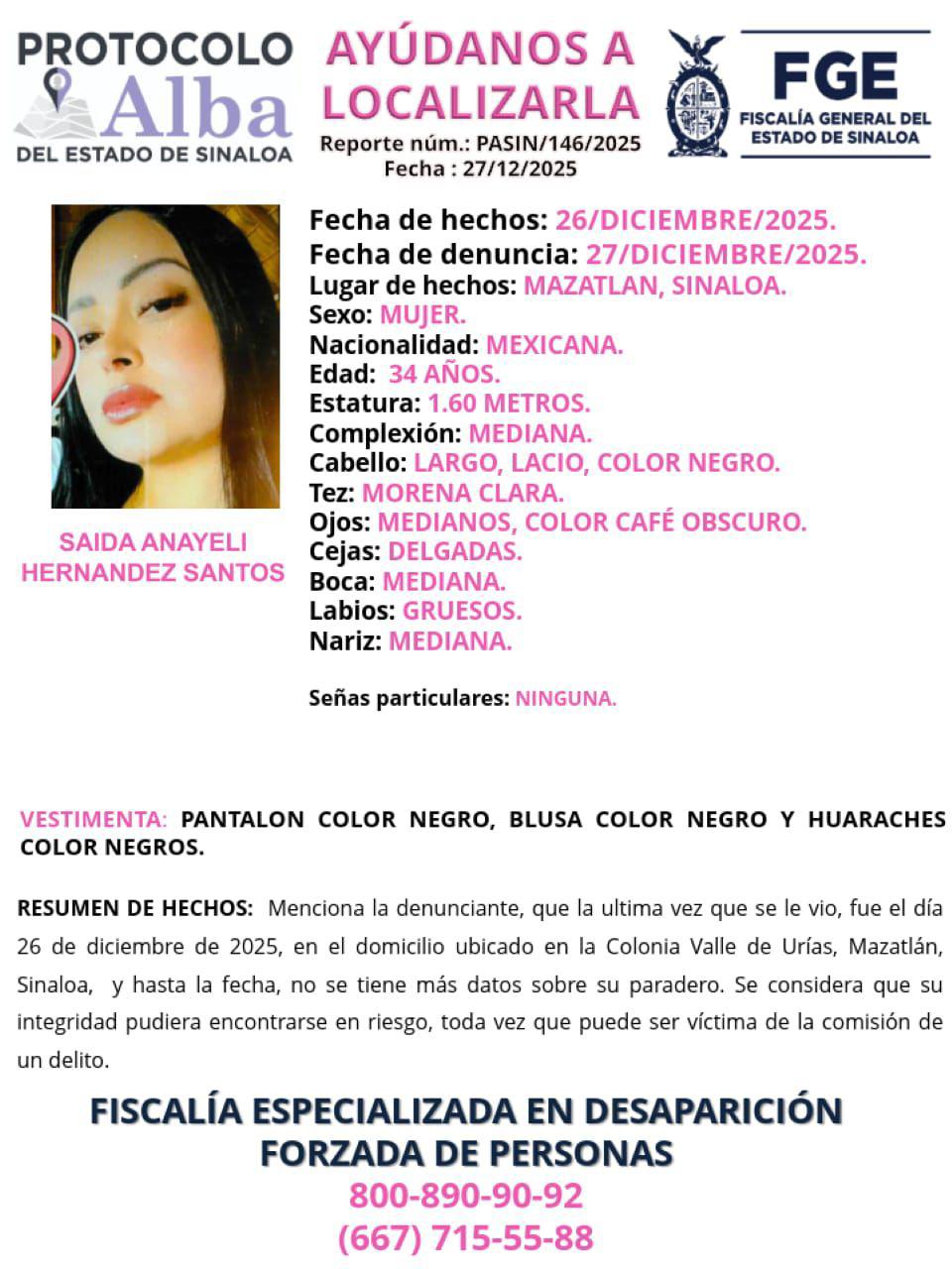 $!Buscan a Saida Anayeli, mujer desaparecida en Mazatlán