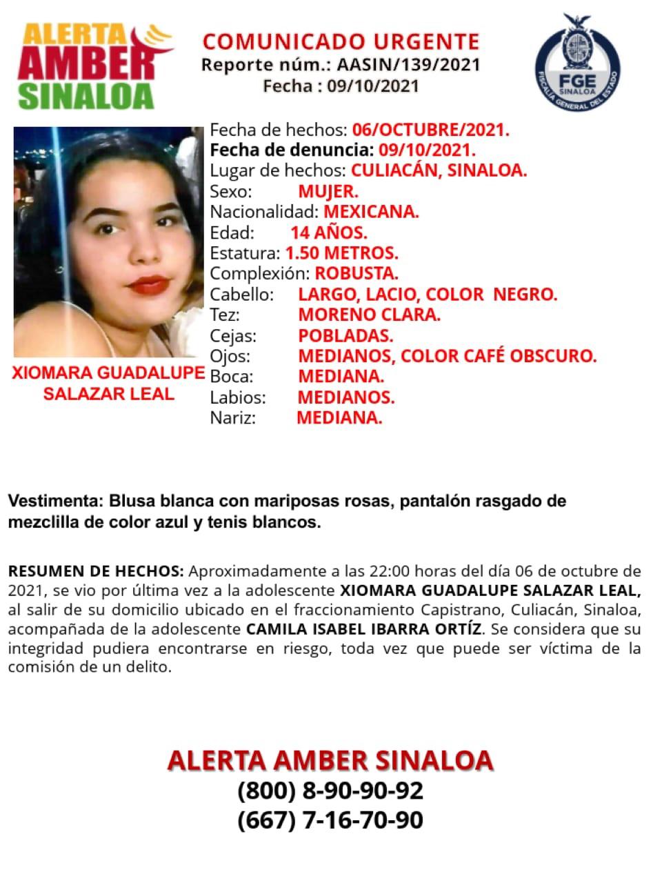 $!Emiten Alerta Amber tras la desaparición en Culiacán de Xiomara Guadalupe, de 14 años