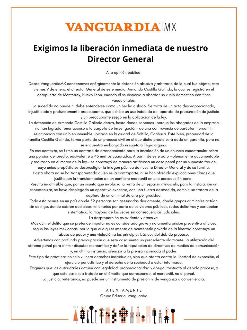 $!Vanguardia condena detención de su director general y exige su liberación inmediata