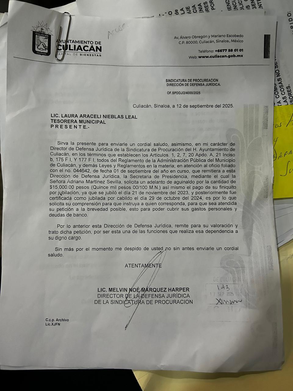 $!Ex trabajadora acusa al Ayuntamiento de Culiacán falta de respuesta a su finiquito tras un año de jubilarse
