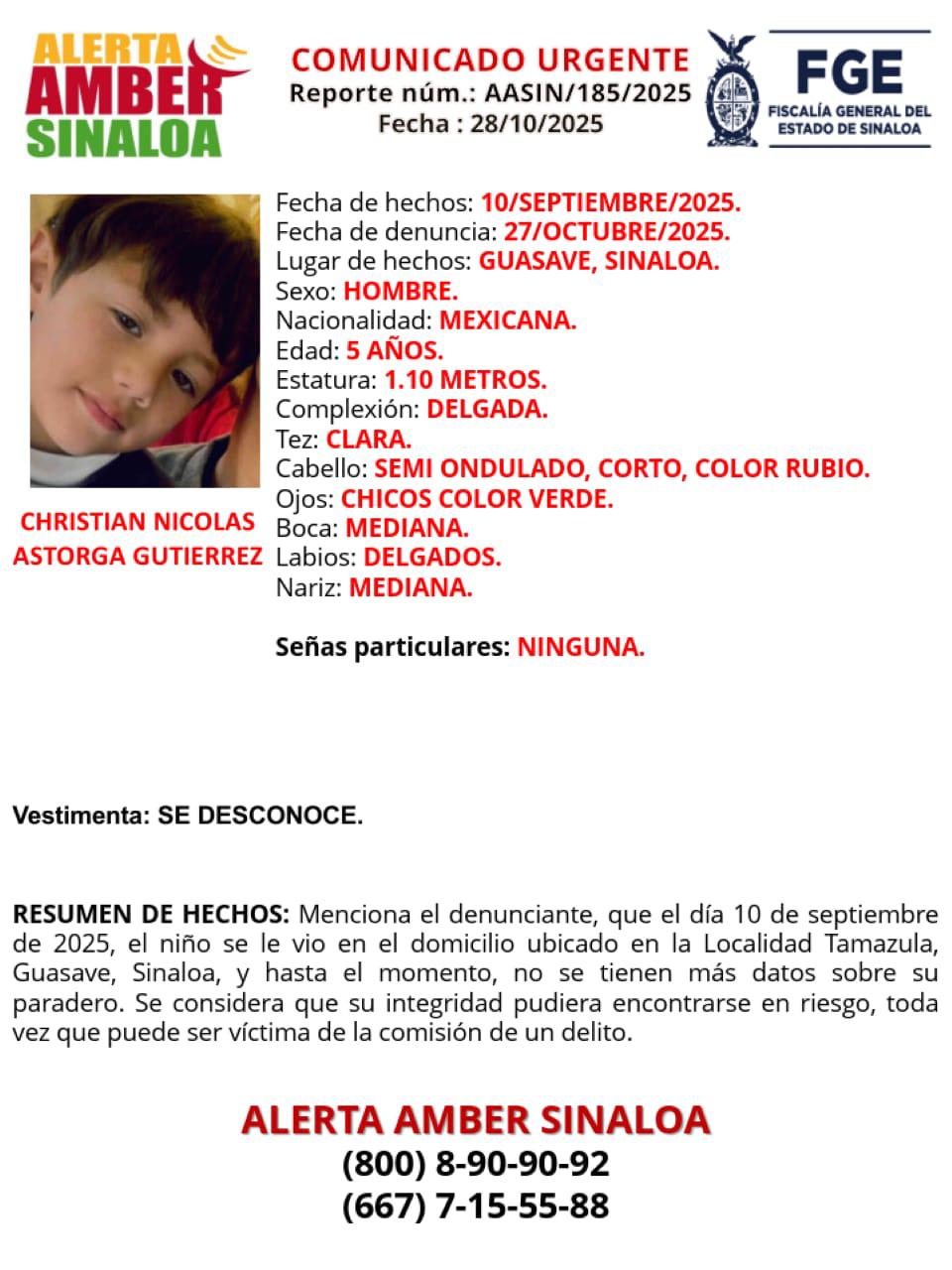 $!Buscan en Guasave a Christian Nicolás, de 5 años; desapareció el 10 de septiembre