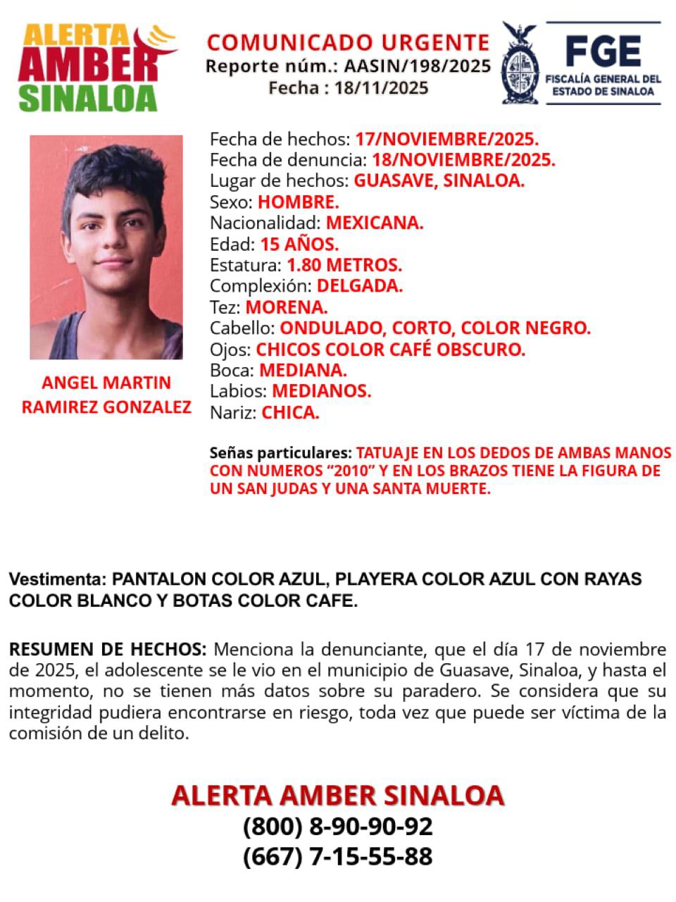 $!Activan Alerta Amber para la localización de Ángel Martín, desaparecido en Guasave