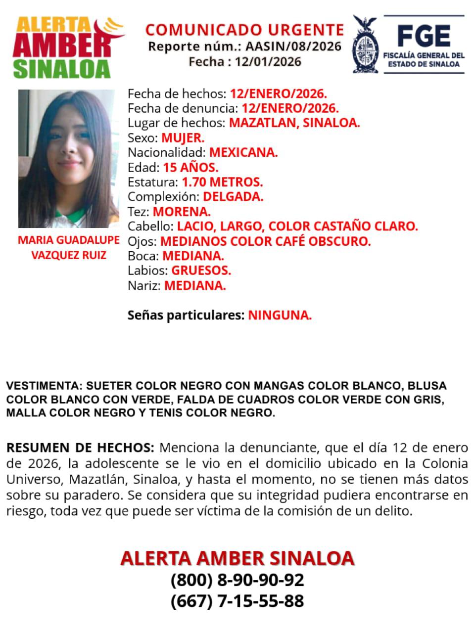 $!Activan Alerta Amber por desaparición de adolescente de 15 años en Mazatlán