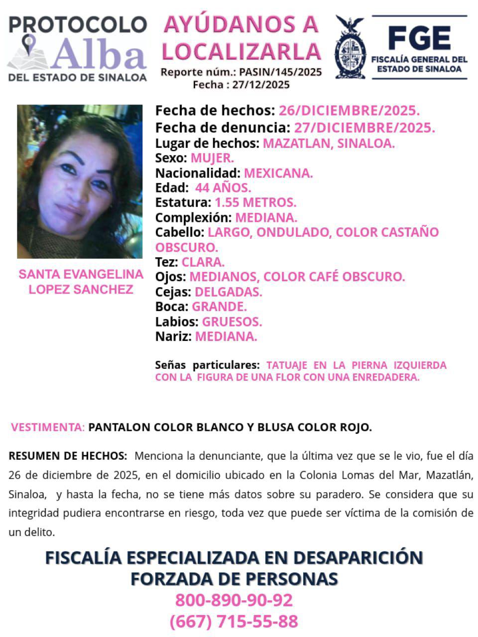 $!Solicitan apoyo para localizar a Santa Evangelina, desaparecida en Mazatlán