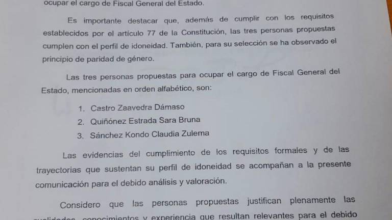 Entrega Rocha Moya al Congreso terna de aspirantes para Fiscal General; están Sara Bruna, Dámaso y Sánchez Kondo