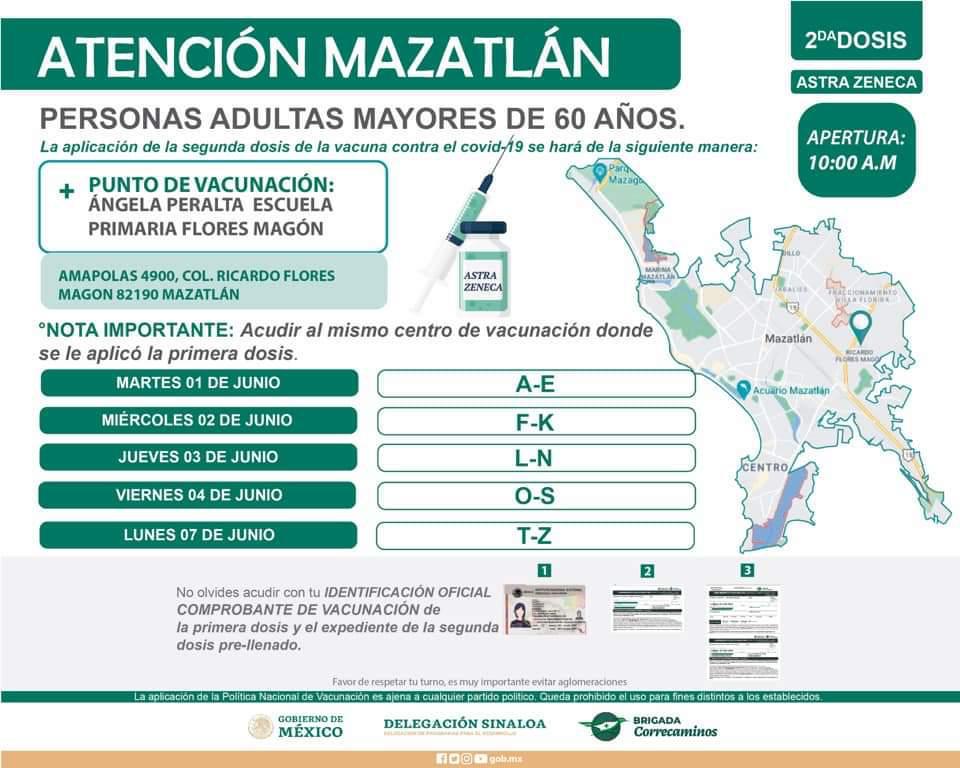 $!Mazatlán vacunará del 1 al 7 de junio a los adultos mayores de 60 años, con la segunda dosis de AstraZéneca