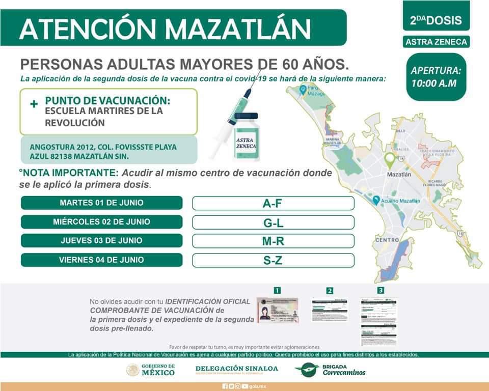 $!Mazatlán vacunará del 1 al 7 de junio a los adultos mayores de 60 años, con la segunda dosis de AstraZéneca
