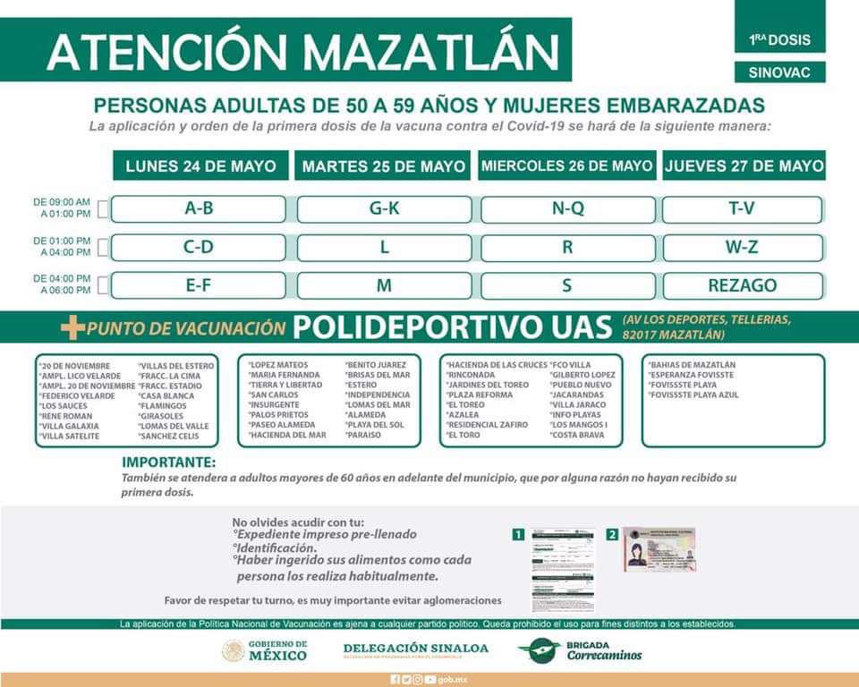 $!De lunes a jueves, así se vacunará en Mazatlán a los de 50 a 59 años, embarazadas y ‘rezagados’ de más de 60 años