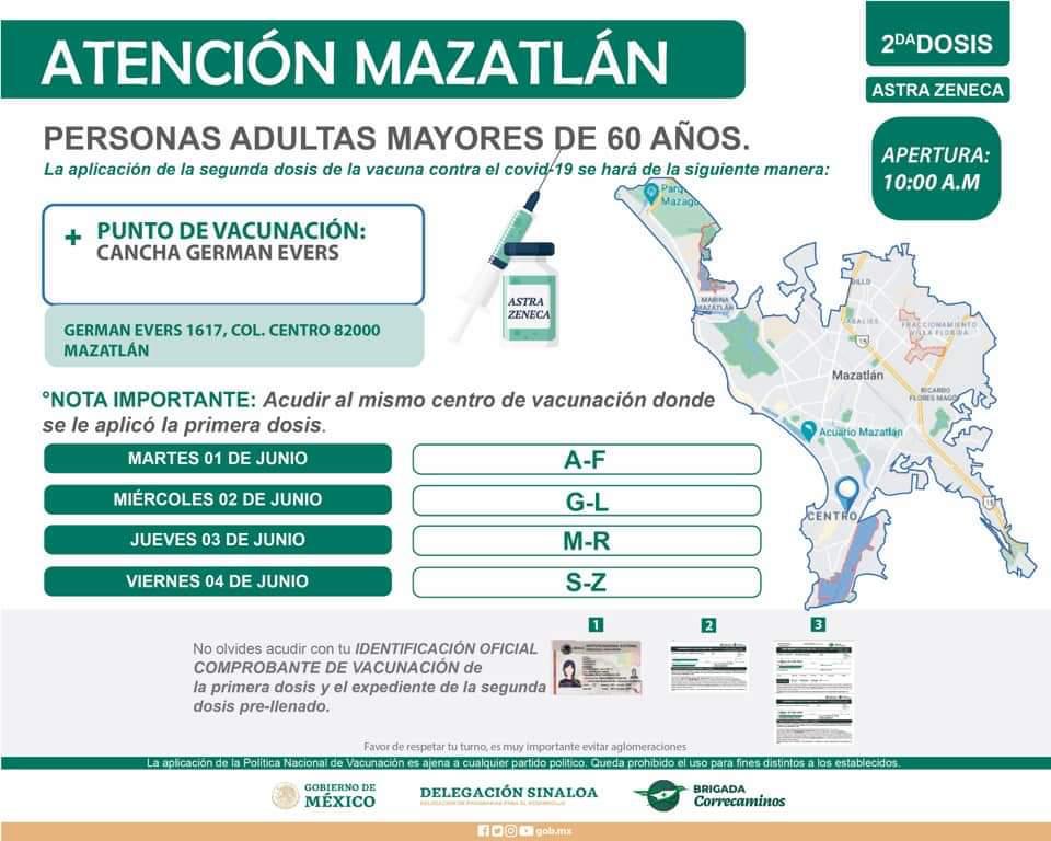 $!Mazatlán vacunará del 1 al 7 de junio a los adultos mayores de 60 años, con la segunda dosis de AstraZéneca