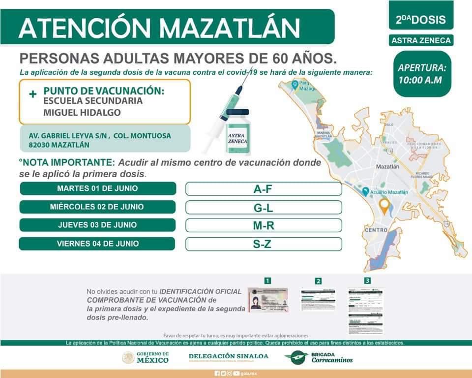 $!Mazatlán vacunará del 1 al 7 de junio a los adultos mayores de 60 años, con la segunda dosis de AstraZéneca