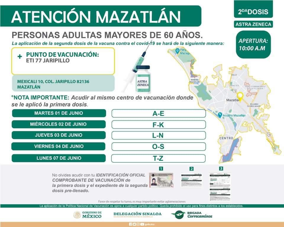 $!Mazatlán vacunará del 1 al 7 de junio a los adultos mayores de 60 años, con la segunda dosis de AstraZéneca
