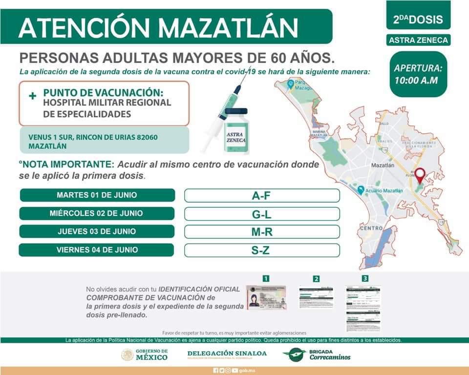 $!Mazatlán vacunará del 1 al 7 de junio a los adultos mayores de 60 años, con la segunda dosis de AstraZéneca