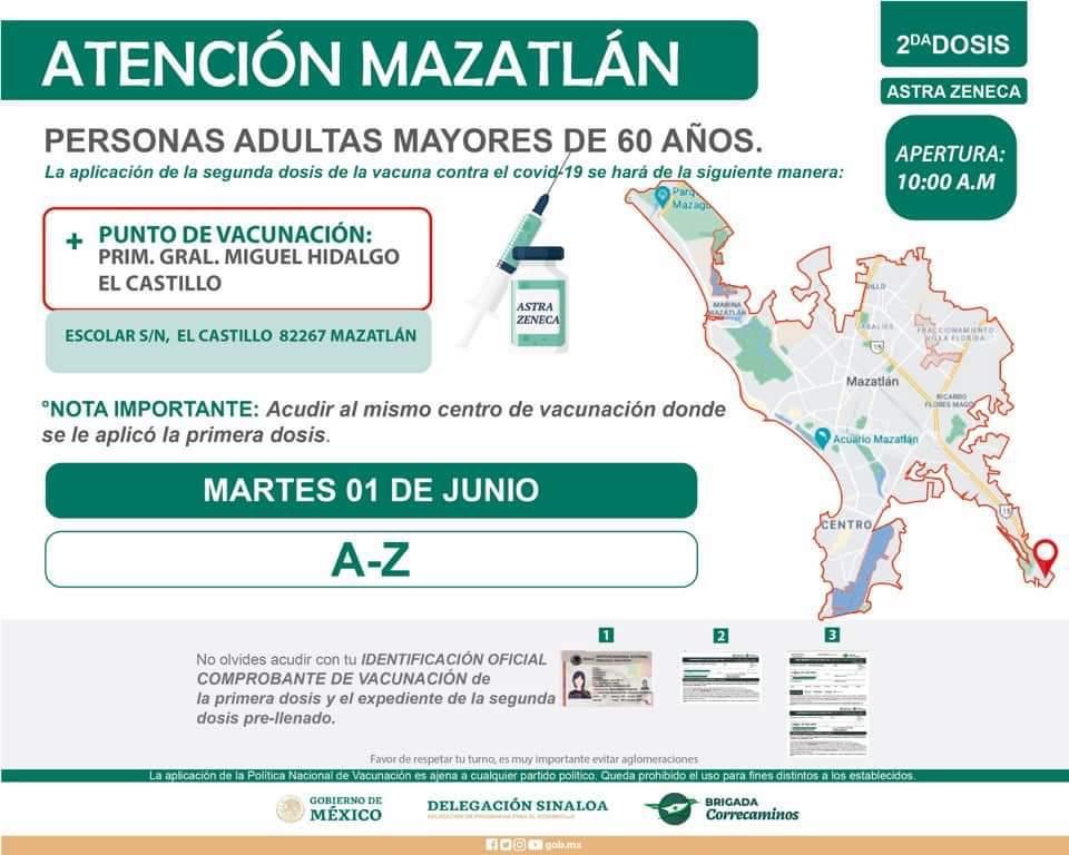 $!Mazatlán vacunará del 1 al 7 de junio a los adultos mayores de 60 años, con la segunda dosis de AstraZéneca