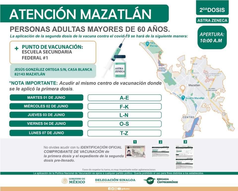 $!Mazatlán vacunará del 1 al 7 de junio a los adultos mayores de 60 años, con la segunda dosis de AstraZéneca
