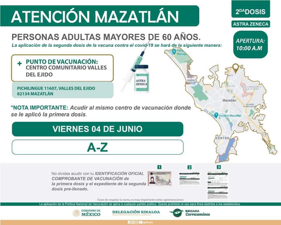 $!Mazatlán vacunará del 1 al 7 de junio a los adultos mayores de 60 años, con la segunda dosis de AstraZéneca