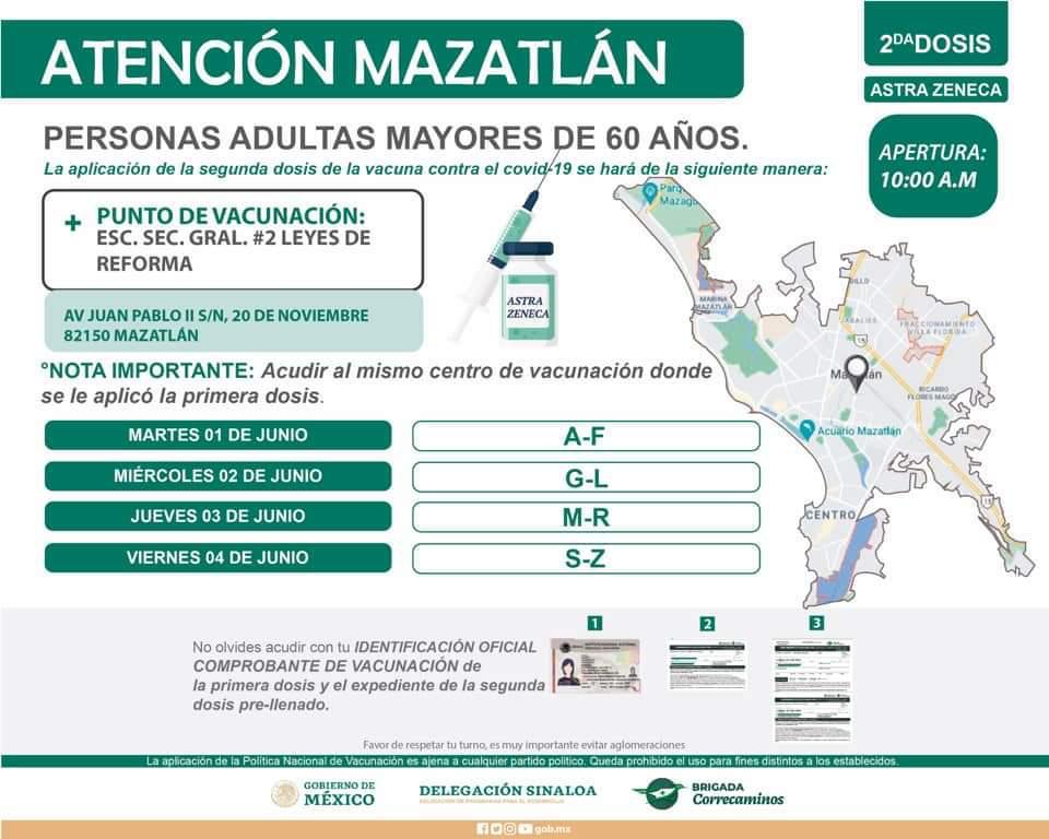 $!Mazatlán vacunará del 1 al 7 de junio a los adultos mayores de 60 años, con la segunda dosis de AstraZéneca