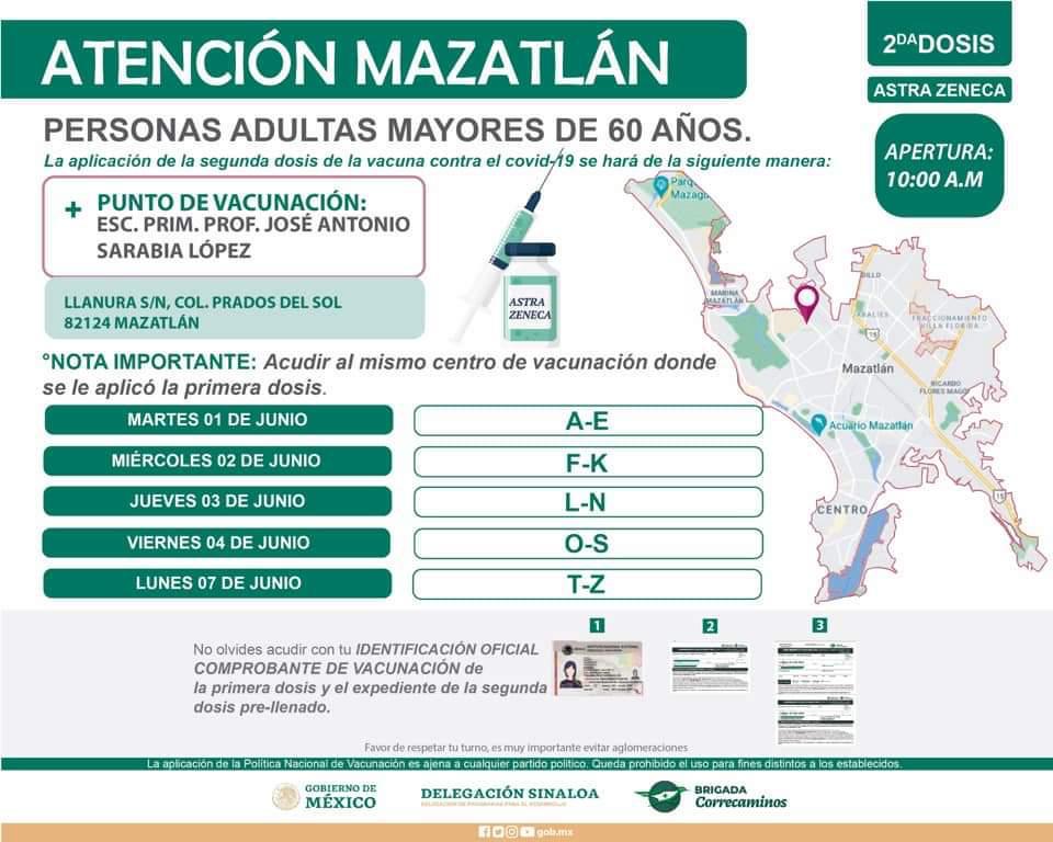 $!Mazatlán vacunará del 1 al 7 de junio a los adultos mayores de 60 años, con la segunda dosis de AstraZéneca